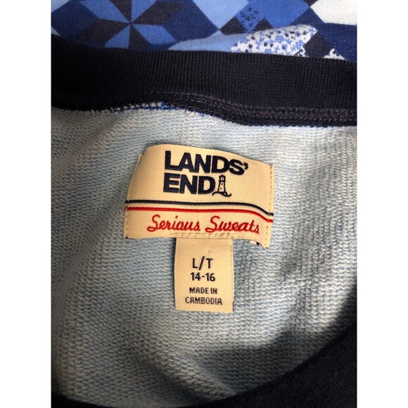 Lands End Serious Sweats Womens Sz Large 14-16 Blue Patchwork Print Long Sleeve - Picture 5 of 9
